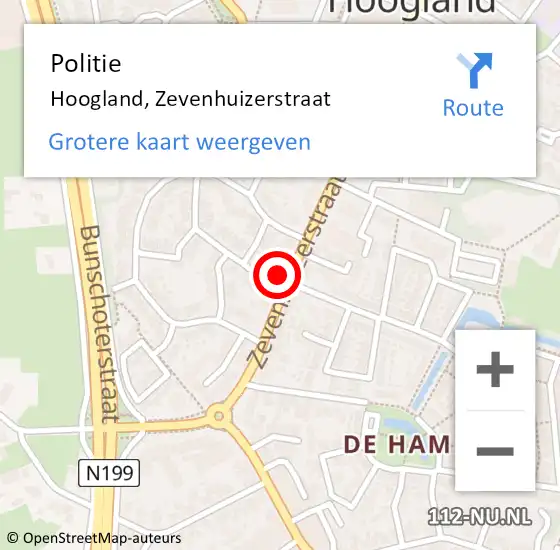 Locatie op kaart van de 112 melding: Politie Hoogland, Zevenhuizerstraat op 14 juni 2021 02:20