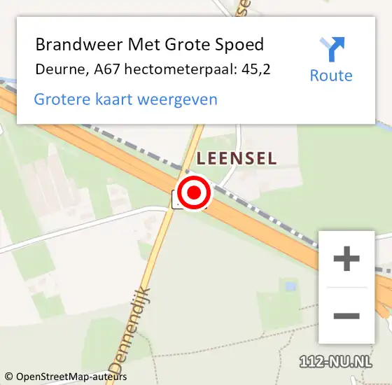 Locatie op kaart van de 112 melding: Brandweer Met Grote Spoed Naar Deurne, A67 hectometerpaal: 45,2 op 14 juni 2021 03:08