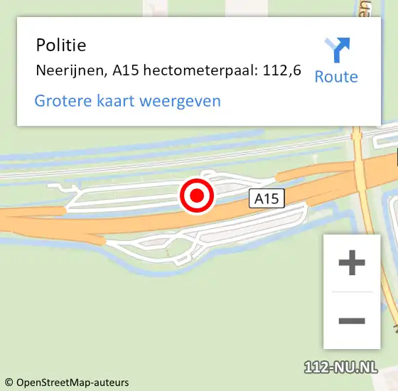 Locatie op kaart van de 112 melding: Politie Neerijnen, A15 hectometerpaal: 112,6 op 14 juni 2021 07:09