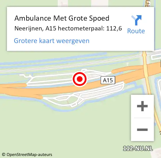 Locatie op kaart van de 112 melding: Ambulance Met Grote Spoed Naar Neerijnen, A15 hectometerpaal: 112,6 op 14 juni 2021 07:10