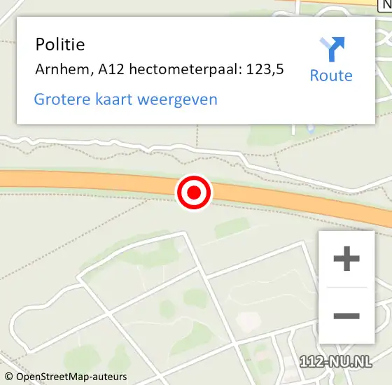 Locatie op kaart van de 112 melding: Politie Arnhem, A12 hectometerpaal: 123,5 op 14 juni 2021 07:15