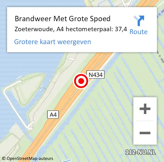 Locatie op kaart van de 112 melding: Brandweer Met Grote Spoed Naar Zoeterwoude, A4 hectometerpaal: 37,4 op 14 juni 2021 07:31