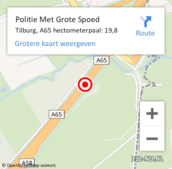 Locatie op kaart van de 112 melding: Politie Met Grote Spoed Naar Tilburg, A65 hectometerpaal: 19,8 op 14 juni 2021 07:39