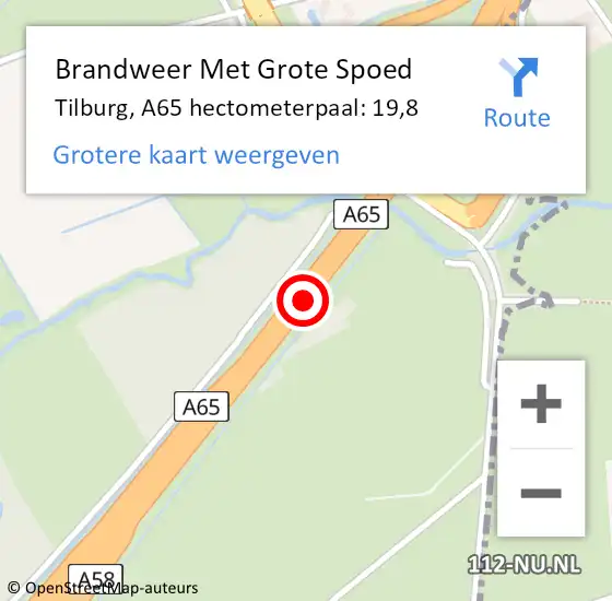 Locatie op kaart van de 112 melding: Brandweer Met Grote Spoed Naar Tilburg, A65 hectometerpaal: 19,8 op 14 juni 2021 07:40