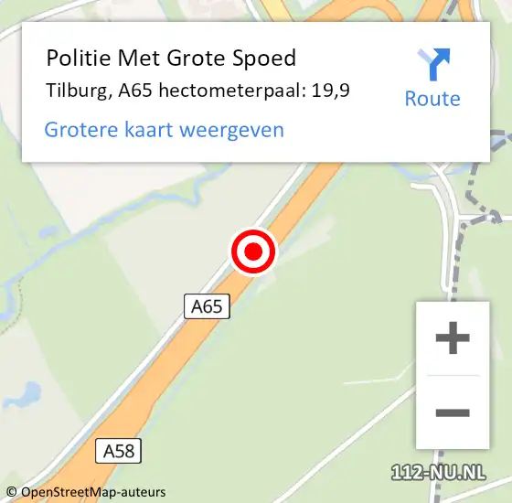 Locatie op kaart van de 112 melding: Politie Met Grote Spoed Naar Tilburg, A65 hectometerpaal: 19,9 op 14 juni 2021 07:42