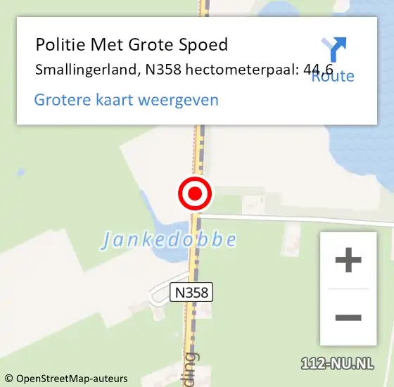 Locatie op kaart van de 112 melding: Politie Met Grote Spoed Naar Smallingerland, N358 hectometerpaal: 44,6 op 14 juni 2021 07:59