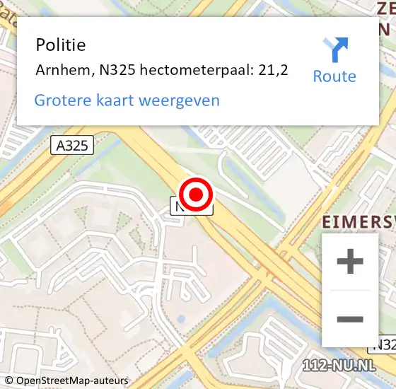 Locatie op kaart van de 112 melding: Politie Arnhem, N325 hectometerpaal: 21,2 op 14 juni 2021 08:30