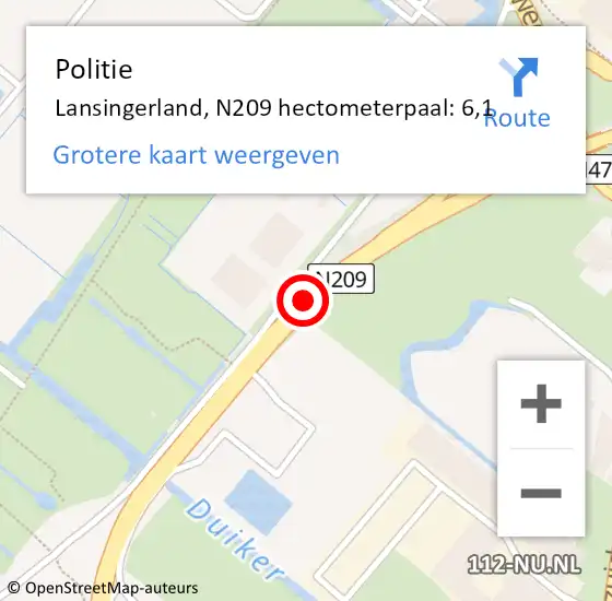 Locatie op kaart van de 112 melding: Politie Lansingerland, N209 hectometerpaal: 6,1 op 14 juni 2021 08:32