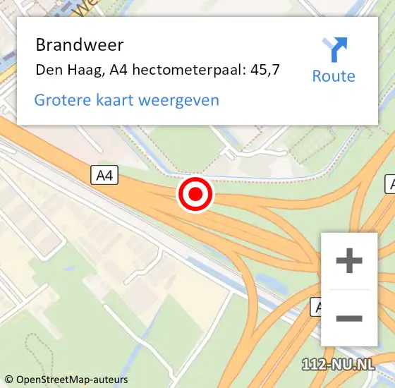 Locatie op kaart van de 112 melding: Brandweer Den Haag, A4 hectometerpaal: 45,7 op 14 juni 2021 08:40