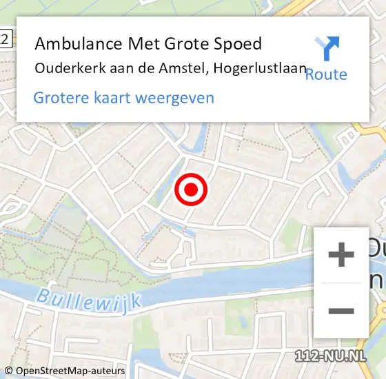 Locatie op kaart van de 112 melding: Ambulance Met Grote Spoed Naar Ouderkerk aan de Amstel, Hogerlustlaan op 14 juni 2021 12:05