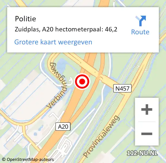 Locatie op kaart van de 112 melding: Politie Zuidplas, A20 hectometerpaal: 46,2 op 14 juni 2021 12:29