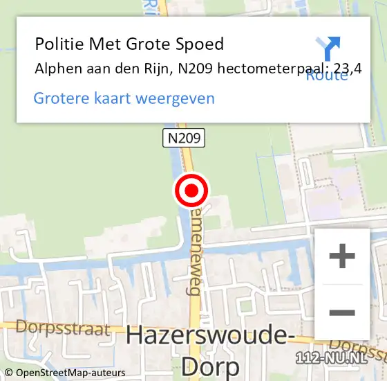 Locatie op kaart van de 112 melding: Politie Met Grote Spoed Naar Alphen aan den Rijn, N209 hectometerpaal: 23,4 op 14 juni 2021 14:07