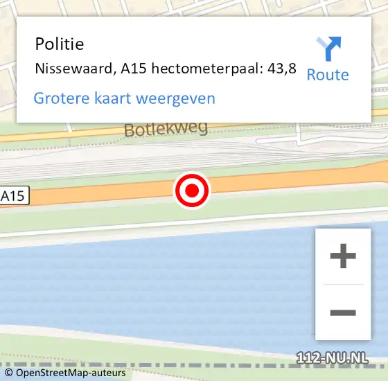 Locatie op kaart van de 112 melding: Politie Bernisse, A15 hectometerpaal: 43,8 op 14 juni 2021 14:41