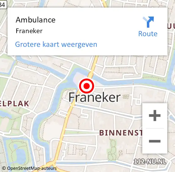 Locatie op kaart van de 112 melding: Ambulance Franeker op 14 juni 2021 14:44