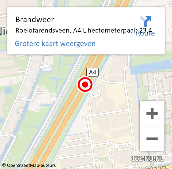 Locatie op kaart van de 112 melding: Brandweer Roelofarendsveen, A4 R hectometerpaal: 25,0 op 13 juni 2014 10:21