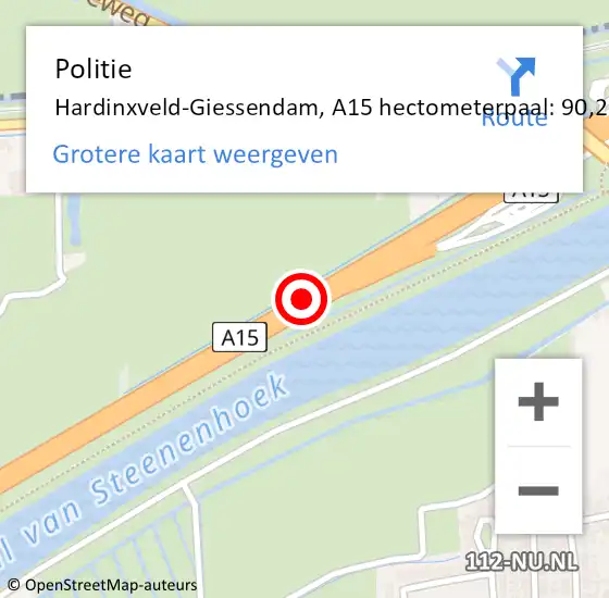 Locatie op kaart van de 112 melding: Politie Hardinxveld-Giessendam, A15 hectometerpaal: 90,2 op 14 juni 2021 15:06