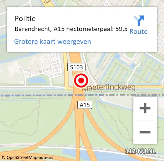 Locatie op kaart van de 112 melding: Politie Barendrecht, A15 hectometerpaal: 59,5 op 14 juni 2021 15:10