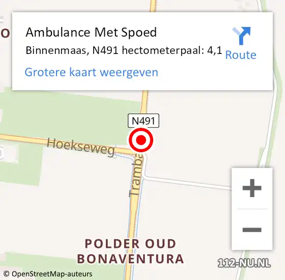 Locatie op kaart van de 112 melding: Ambulance Met Spoed Naar Binnenmaas, N491 hectometerpaal: 4,1 op 14 juni 2021 15:25