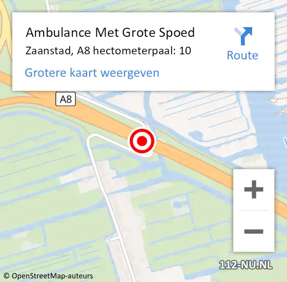 Locatie op kaart van de 112 melding: Ambulance Met Grote Spoed Naar Zaanstad, A8 hectometerpaal: 10 op 14 juni 2021 15:54