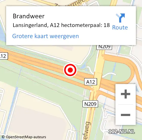 Locatie op kaart van de 112 melding: Brandweer Lansingerland, A12 hectometerpaal: 18 op 14 juni 2021 19:34