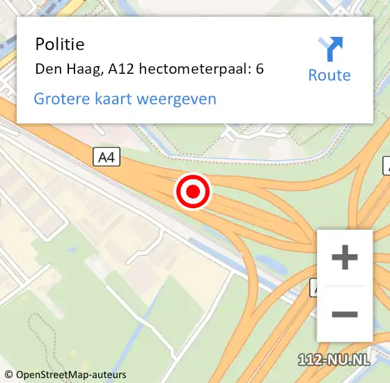 Locatie op kaart van de 112 melding: Politie Den Haag, A12 hectometerpaal: 6 op 14 juni 2021 20:21