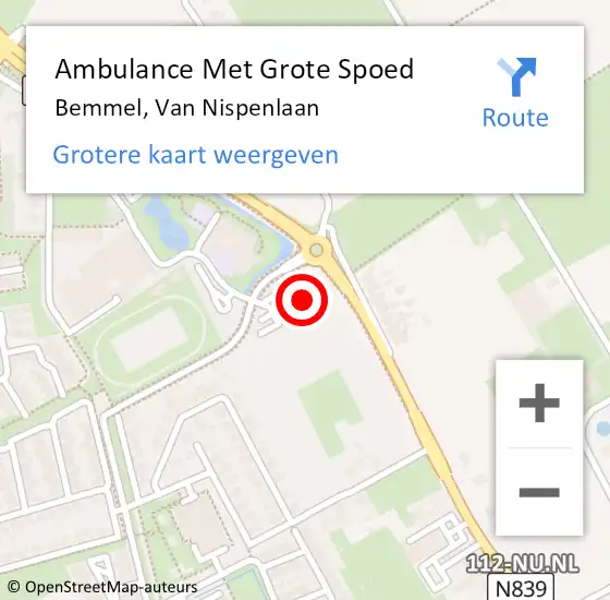 Locatie op kaart van de 112 melding: Ambulance Met Grote Spoed Naar Bemmel, Van Nispenlaan op 14 juni 2021 21:22