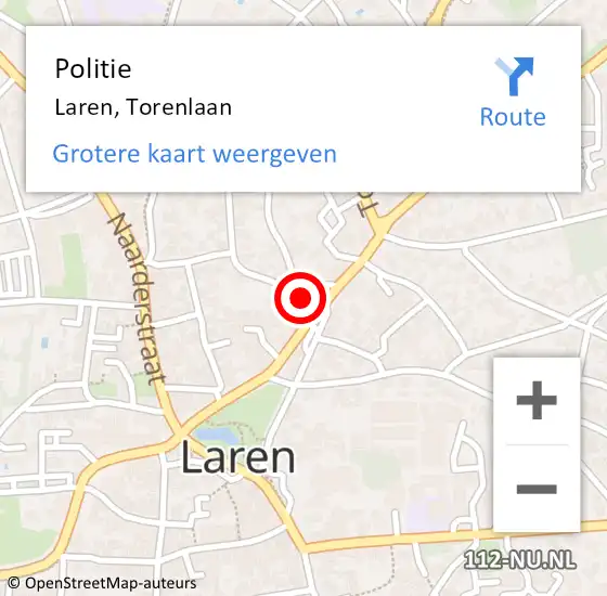 Locatie op kaart van de 112 melding: Politie Laren, Torenlaan op 14 juni 2021 22:20