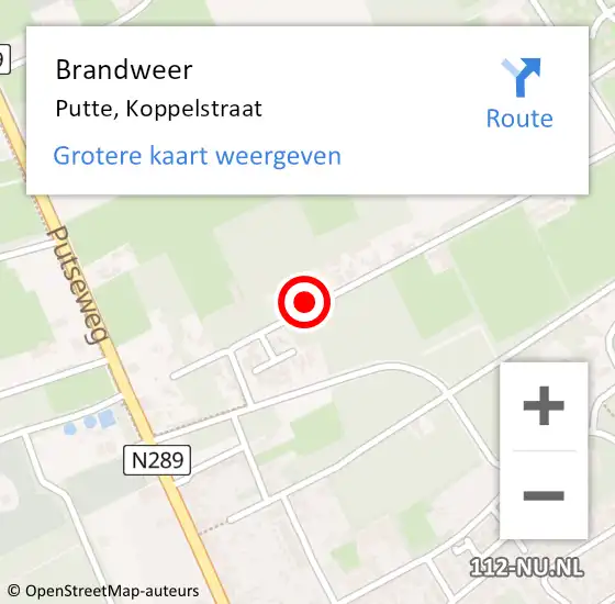 Locatie op kaart van de 112 melding: Brandweer Putte, Koppelstraat op 15 juni 2021 01:20
