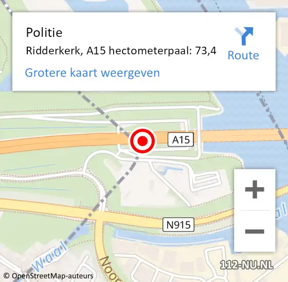 Locatie op kaart van de 112 melding: Politie Ridderkerk, A15 hectometerpaal: 73,4 op 15 juni 2021 09:04