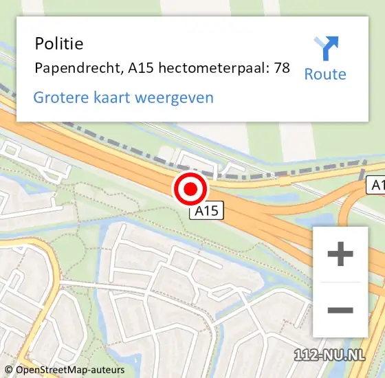 Locatie op kaart van de 112 melding: Politie Papendrecht, A15 hectometerpaal: 78 op 15 juni 2021 09:18