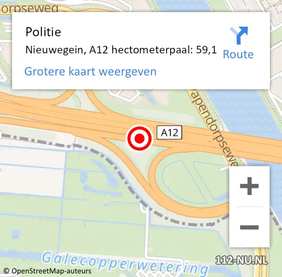 Locatie op kaart van de 112 melding: Politie Nieuwegein, A12 hectometerpaal: 59,1 op 15 juni 2021 09:58