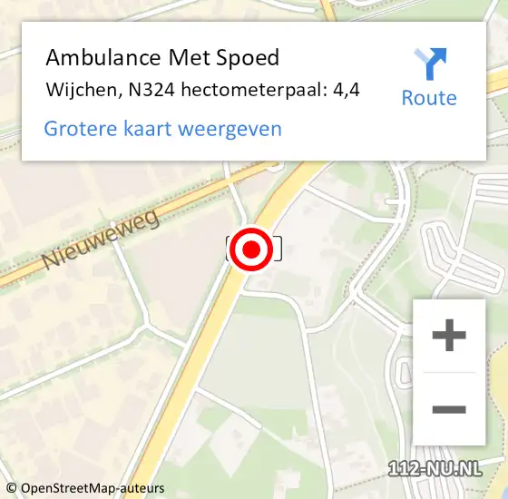 Locatie op kaart van de 112 melding: Ambulance Met Spoed Naar Wijchen, N324 hectometerpaal: 4,4 op 15 juni 2021 10:10