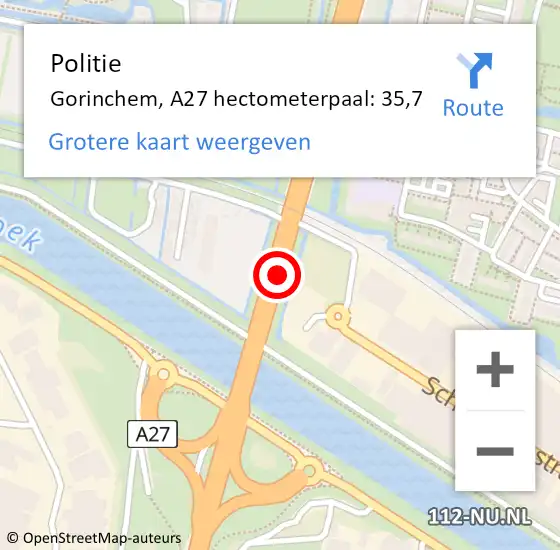 Locatie op kaart van de 112 melding: Politie Gorinchem, A27 hectometerpaal: 35,7 op 15 juni 2021 11:11