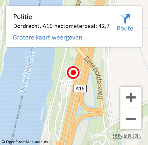Locatie op kaart van de 112 melding: Politie Dordrecht, A16 hectometerpaal: 42,7 op 15 juni 2021 11:55