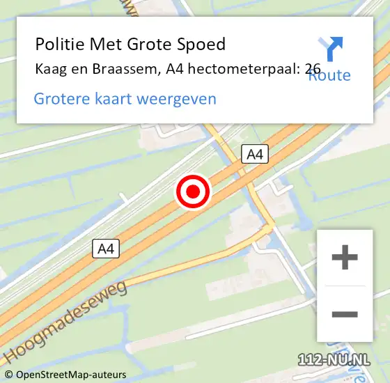 Locatie op kaart van de 112 melding: Politie Met Grote Spoed Naar Kaag en Braassem, A4 hectometerpaal: 26 op 15 juni 2021 13:56