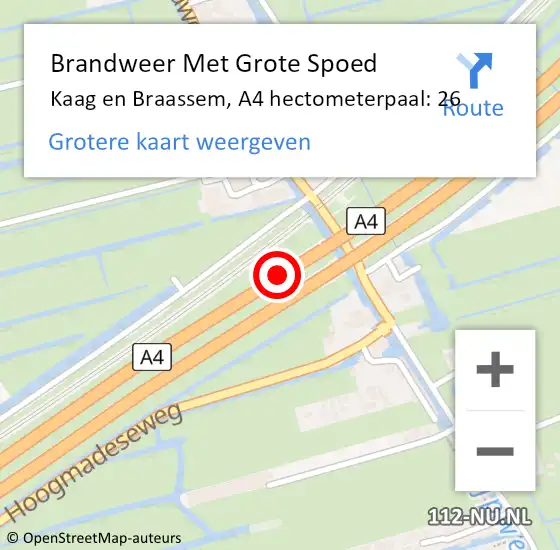 Locatie op kaart van de 112 melding: Brandweer Met Grote Spoed Naar Kaag en Braassem, A4 hectometerpaal: 26 op 15 juni 2021 13:57