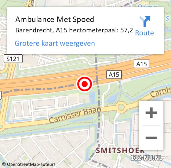 Locatie op kaart van de 112 melding: Ambulance Met Spoed Naar Barendrecht, A15 hectometerpaal: 57,2 op 15 juni 2021 13:59