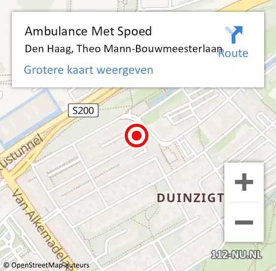 Locatie op kaart van de 112 melding: Ambulance Met Spoed Naar Den Haag, Theo Mann-Bouwmeesterlaan op 15 juni 2021 15:09