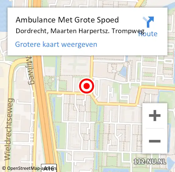 Locatie op kaart van de 112 melding: Ambulance Met Grote Spoed Naar Dordrecht, Maarten Harpertsz. Trompweg op 15 juni 2021 15:52