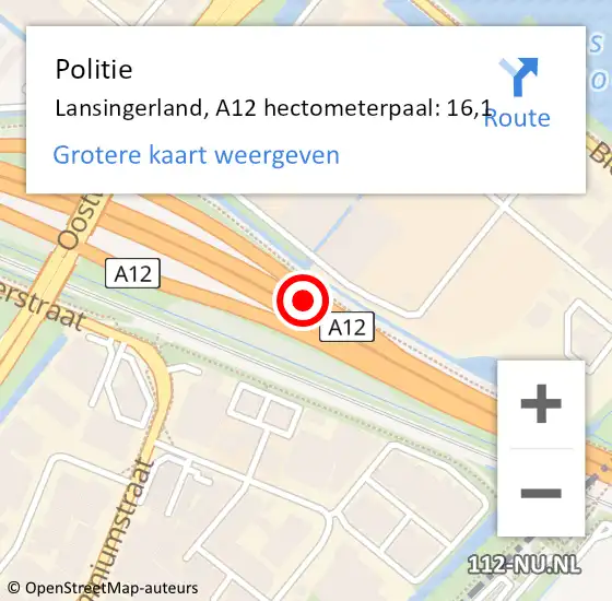 Locatie op kaart van de 112 melding: Politie Lansingerland, A12 hectometerpaal: 16,1 op 15 juni 2021 16:17