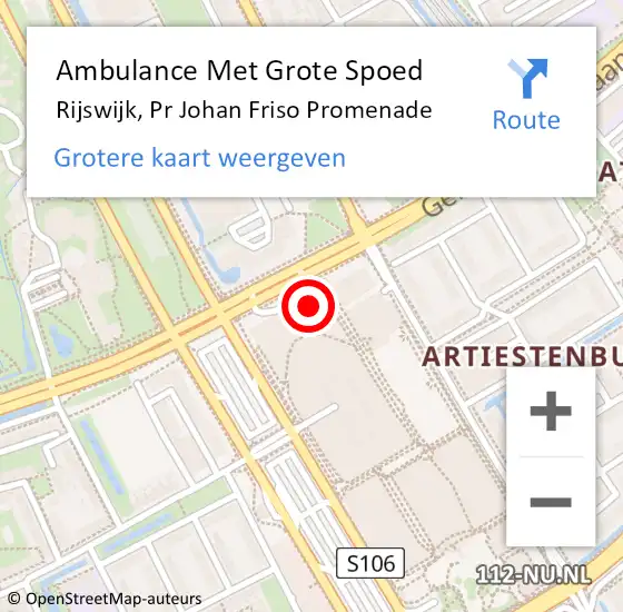 Locatie op kaart van de 112 melding: Ambulance Met Grote Spoed Naar Rijswijk, Pr Johan Friso Promenade op 15 juni 2021 16:55
