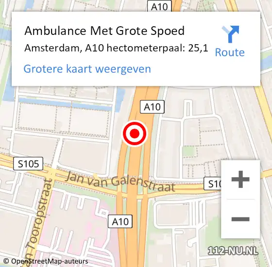 Locatie op kaart van de 112 melding: Ambulance Met Grote Spoed Naar Amsterdam, A10 hectometerpaal: 25,1 op 15 juni 2021 16:55