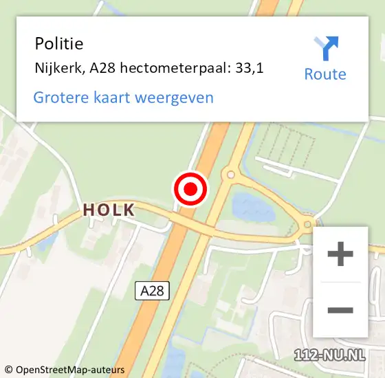 Locatie op kaart van de 112 melding: Politie Nijkerk, A28 hectometerpaal: 33,1 op 15 juni 2021 17:36