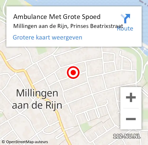 Locatie op kaart van de 112 melding: Ambulance Met Grote Spoed Naar Millingen aan de Rijn, Prinses Beatrixstraat op 15 juni 2021 17:52