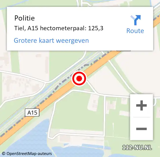 Locatie op kaart van de 112 melding: Politie Tiel, A15 hectometerpaal: 125,3 op 15 juni 2021 17:57