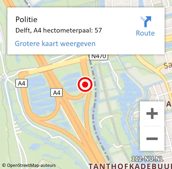 Locatie op kaart van de 112 melding: Politie Delft, A4 hectometerpaal: 57 op 15 juni 2021 20:02