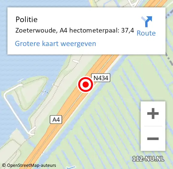 Locatie op kaart van de 112 melding: Politie Zoeterwoude, A4 hectometerpaal: 37,4 op 15 juni 2021 21:38