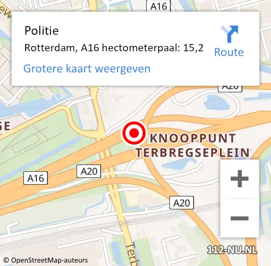 Locatie op kaart van de 112 melding: Politie Rotterdam, A16 hectometerpaal: 15,2 op 15 juni 2021 22:06