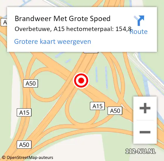 Locatie op kaart van de 112 melding: Brandweer Met Grote Spoed Naar Overbetuwe, A15 hectometerpaal: 154,8 op 15 juni 2021 23:27