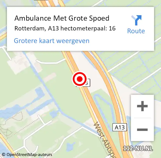 Locatie op kaart van de 112 melding: Ambulance Met Grote Spoed Naar Rotterdam, A13 hectometerpaal: 16 op 16 juni 2021 00:23